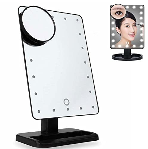 Wress 22 LED Makeup Mirror With Lights - Battery Operated Light Up With 10x Magnification - Adjustable 180° Vanity Touch Screen Illuminated for Makeup, Black