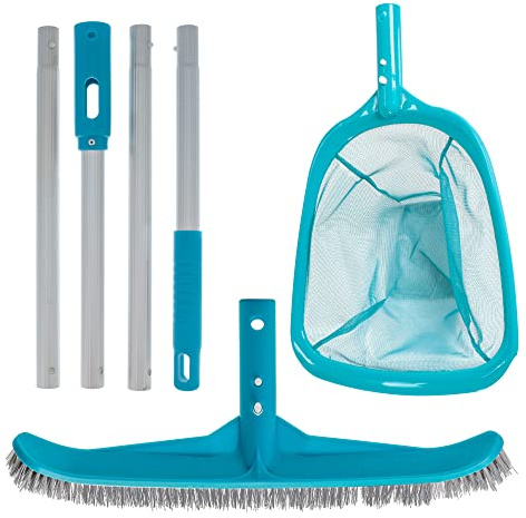 U.S. Pool Supply Pool Maintenance Kit with Leaf Skimmer Net, Brush, and Adjustable Telescopic Pole - 6 Deep Mesh Netting, Nylon Scrub Brush, Clean Sweep Debris from Walls, Floors, Steps, Spas, Ponds