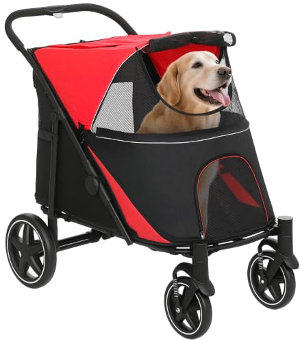 PawHut Dog Stroller for Medium/Large Breeds, Foldable Pet Pram Red | Dog Pushchair Buggy, Adjustable Canopy