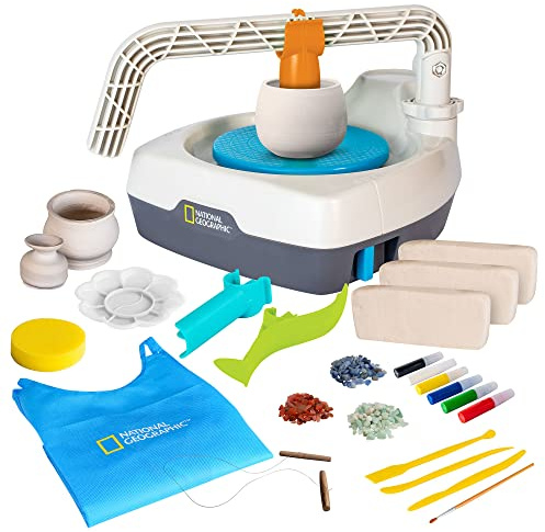 NATIONAL GEOGRAPHIC Deluxe Pottery Wheel Kit – Complete Starter Pottery Set, Plug-In Motor, 3 lbs. Air Dry Clay, Gemstone Chips, Sculpting Tools, Patented Arm Tool, Paints & More, Great Kids Craft Kit