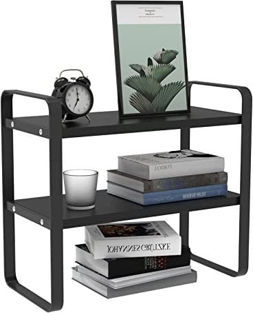 Bslemon Metal 2 Tier Bookshelf Shelving Unit, Easy-assembly Book Storage Bookcase, Desktop Display Organiser for Office Home Kitchen Desk Supplies Rack Shelf, Black