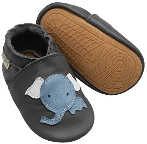 Krabbelschuhe Baby Lauflernschuhe mit Gummisohle lederpatschen für Jungen Mädchen, Draußen Weicher Leder Rutschfeste Lederschuhe Kleinkind 12-18 Monate, Elefant