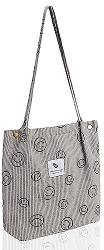 NOKDAL Cord Tote Bag Damen Cord Umhängetasche Damen Groß Tragetasche Mode Cord Tasche Damen Schultertasche Lässige Tote Handtasche Smiley Face für Alltag Büro Schulausflug und Einkauf
