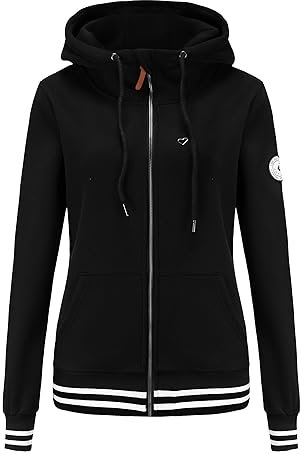 TrendiMax Damen Sweatjacke Kapuzenpullover Zip Hoodie Kapuzenjacke Winter Sweatshirt Jacke, Schwarz-Uni, M
