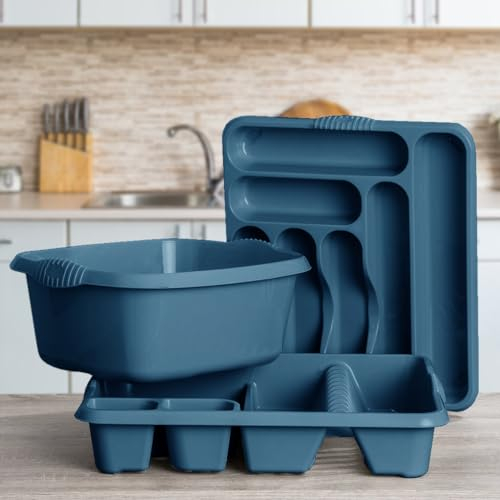 TENLITE Set of 3 - Large Rectangular Washing Up Bowl with Large Dish Drainer & Large 7 Compartments Cutlery Tray For Home Kitchen Utensils - (Navy)