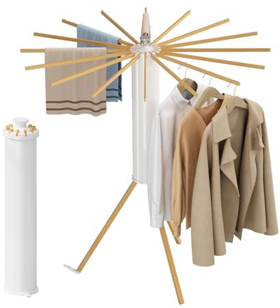 iMonse Séchoir à linge pliable sèche linge avec trépied - Support intérieur et extérieur pour vêtements - Cintre peu encombrant avec 16 poteaux et capacité de 800,1 cm - Bois de style pieuvre