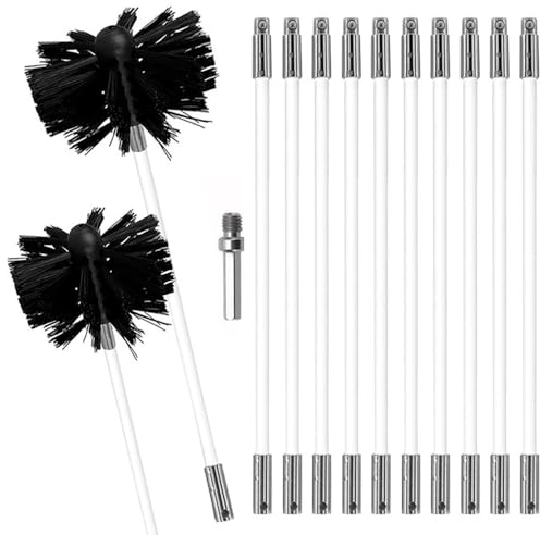 MOCNT Kit di Pennello per Pulizia del Camino Spazzole per Camini Nylon Rotante Flessibile Spazzola Pulizia Camino con 12 Aste 1 Testa Pennello 150mm 1 Testa Pennello 100mm