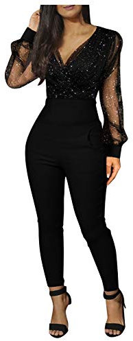 HaicoM Damen Jumpsuit, Frauen Mode V-Ausschnitt Pailletten Mesh Strampler Langarm Tasche Langer Overall für Winter Weihnachten Trendy Hohe Schlanke Taille Tasche V-Ausschnitt Slim Shiny Sheer