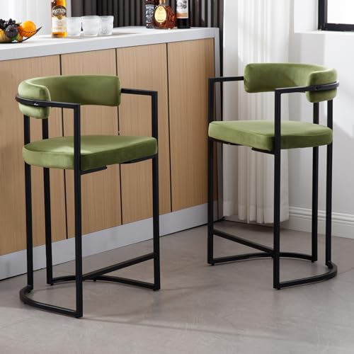 Wahson 2X Sillas de Bar Terciopelo Taburetes Altos de Cocina con Respaldo, Desayuno Bar Modernas Patas Metálicas para Isla de Cocina/Restaurante, Verde