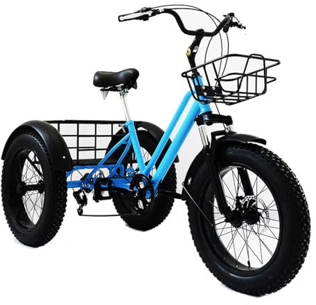 Erwachsenes Pedal-Dreirad 7-Gang-einstellbares Dreirad 20 Zoll 3 Räder Fahrrad Mit Hinterem Und Vorderem Korb Schnee-Breitreifen-Dreirad Einkaufen Im Freien Freizeit Tägliches Reiten ,20 inch,Blue