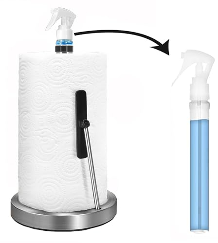 Aokelily 2 in 1 Stainless Steel Paper Towel Holder with Spray Bottle, Modern Free Standing Paper Towel Holder Weighted for Home Kitchen (Silver)