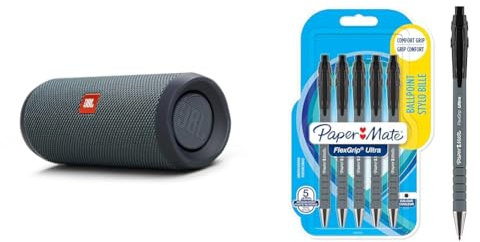 JBL Flip Essential 2 Portable Bluetooth Speaker with Rechargeable Battery & Paper Mate Flexgrip Ultra Retractable Ballpoint Pens | Medium Point (1.0mm) | Black | 5 Count