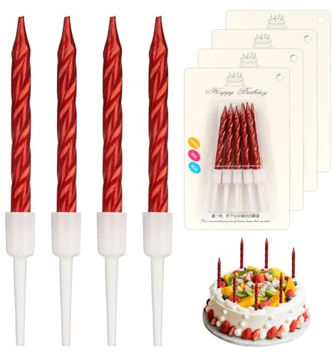 40 Stücke Geburtstagskerzen, Spiral Metallisch Kerzen Geburtstag für Torte, Kuchenkerzen mit Halterung, Kurze Dünne Kerzen für Geburtstag Hochzeit Party Kuchen Dekorationen (Rot)