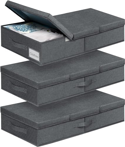 JUPELI 3 Stück Faltbarer Unterbett Aufbewahrungsbox, 15cm Hoch Unter Bett Aufbewahrungskisten Flach, Unterbettkommode Stabil mit Deckel und Griff Für Decken, Kleidung, Steppdecken, Spielzeug, Schuhe