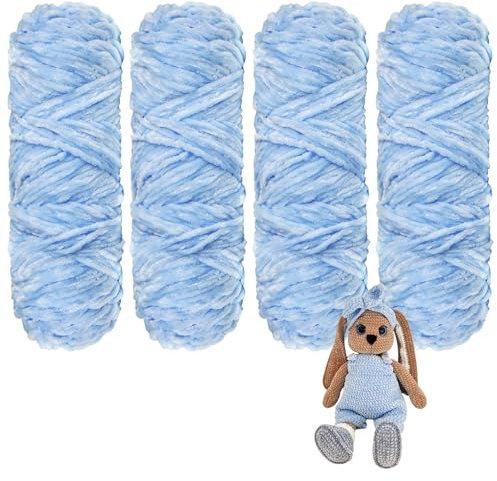 YINVA Chenille Wolle zum Häkeln 400g(4pcs×100g) Chenille Wolle Flauschige Wolle Velvet Weiche Plüschwolle Häkelwolle für Anfänger Dicke Wolle Zum Stricken-Hellblau
