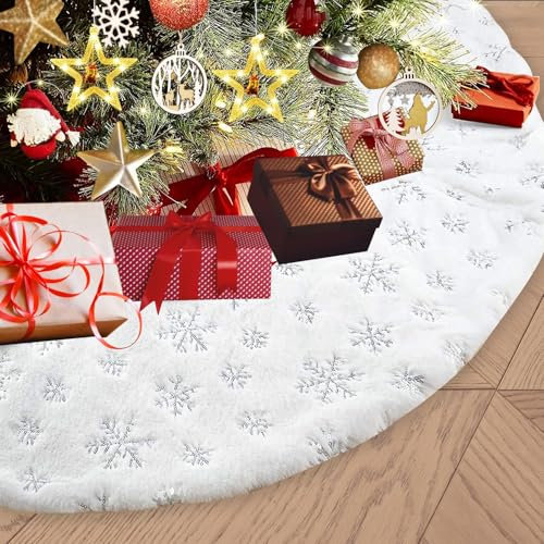 Coperta per albero di Natale, 122 cm, colore bianco, morbida coperta per albero di Natale da 1,2 m, con fiocco di neve argentato, tappeto in finta pelliccia bianca per decorazioni natalizie e feste