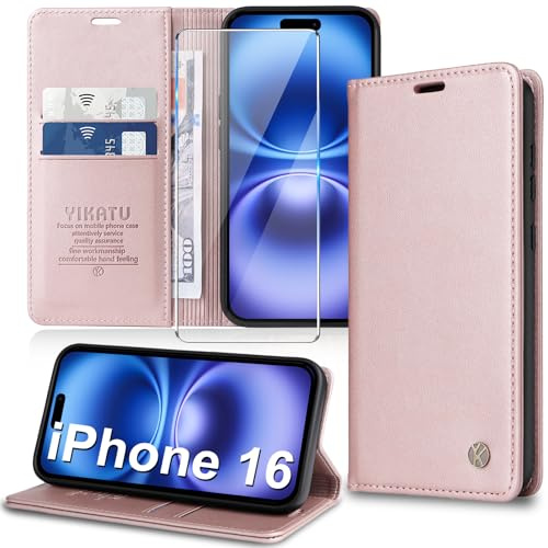 Migexxkj Handyhülle für iPhone 16 Hülle [mit Schutzfolie][Premium PU Leder] Klapphülle Kartenfach Magnetic Ständer Flip Case Cover Etui Tasche Schutzhülle für iPhone 16 6.1“ (Rosa)