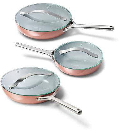 Caraway Ceramic Nonstick Fry Pan Set with Glass Lids – Includes Two 10.5” Fry Pans, One 8” Fry Pan, & Three Lids - Non Toxic, PTFE & PFOA Free - Oven Safe & Compatible with All Stovetops - Perracotta