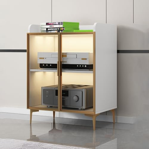 Medienaufbewahrungsschrank Moderner Stereo-Rack-Systemschrank mit 2/3 Regalen AV-Schrank mit Glastüren Medienkonsole ohne LED-Licht für Besprechungs Wohn Gaming und Aufnahmeräume.(Wit,54x42x90cm)