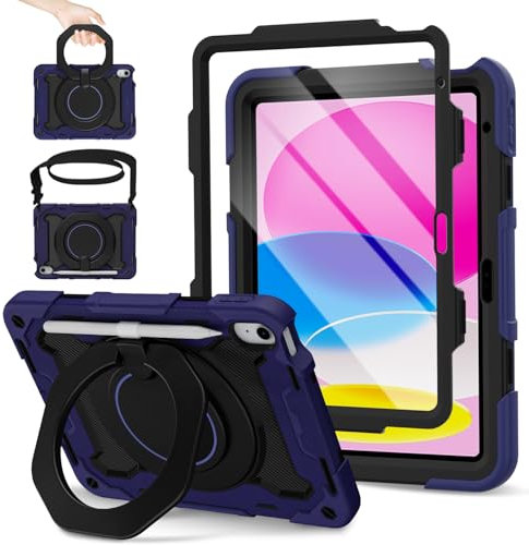 ROISKIN Case for iPad (A16) 11th/10th Generation 2025/2022 (11/10.9 Inch) with HD Screen Protector, Shoulder Strap,Heavy Duty Shockproof for iPad 11 Case Kids,Pencil Holder/Rotating Stand, Navy Blue