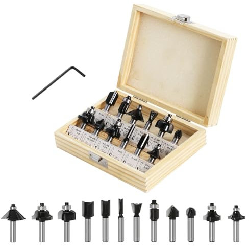 Losxuido Lot de 12 fraises pour défonceuse à tige de 6 mm - Fraise à rainurer - Fraise à profiler - Avec mallette en bois pour le travail du bois (noir)