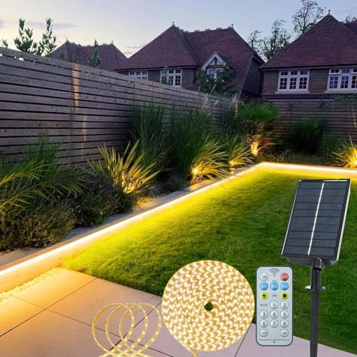 Bande lumineuse solaire à DEL d'extérieur de 5 m, 320 DEL avec télécommande, 8 modes, lumières solaires de jardin étanches pour clôture, porche, tonnelle, arbres, décoration de cour (blanc chaud)