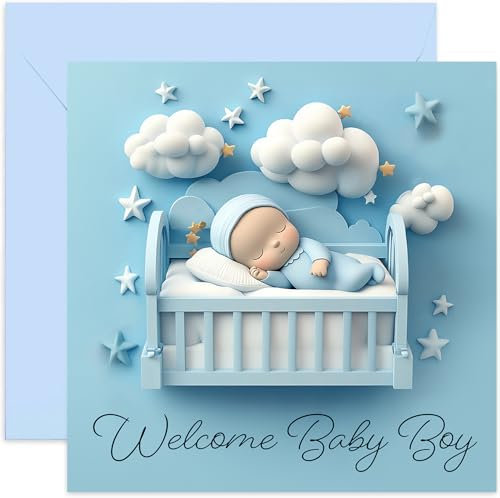 New Baby Boy Greeting Cards for Friends and Family - Welcome Baby Boy Cards - Light Blue Sweet Design - Welcome To The World New Parents Card - Mummy Daddy - Well Done Congrats