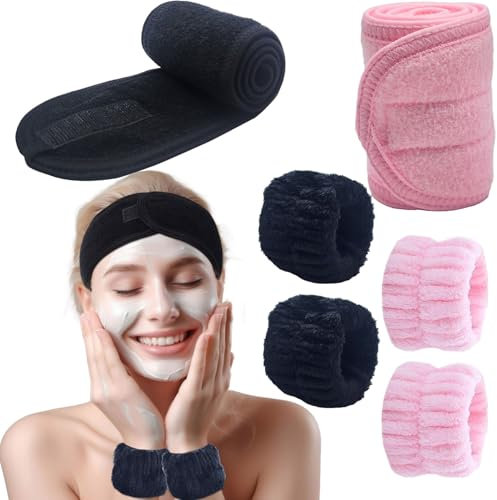 BTIYMU 6 Pièces Bandeau Cheveux Femme Maquillage Bracelet de Lavage Poignet Visage Esthétique, Serre Tete Maquillage Spa Reglable Bandeau Soin Visage Demaquillage Manchette Skincare Set(Noir, Rose)