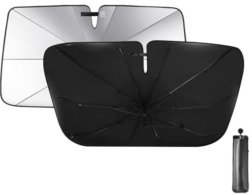 Parasol Coche Delantero 140 cm x 80cm, Plegable Parasol Paraguas Coche Delantero, Eje Giratorio de 360° y Revestimiento de Titanio, Protección UV, para Mayoría de Coches, SUV, Camiones