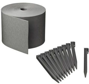 NATURE Bordure de Jardin Gris - PE recyclé, épaisseur 3 mm - H15 cm x 10 m - 10 Ancres Grises - H26,7 x 1,9 x 1,8 cm