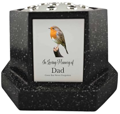 In Loving Memory Of Memorial Octagon Rose Bowl Grave Marker Flower Pot Vase With Robin Design Mum Dad & Lots More Black/Silver (UV PRINTED) (Dad)