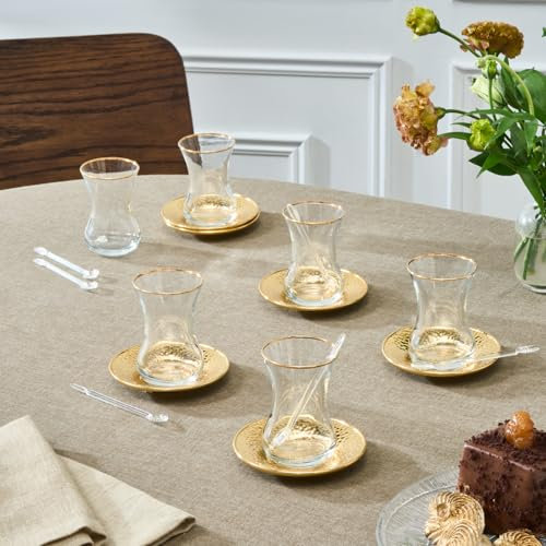 KARACA Ada Turkish Tea Cups Set 18 Piece, Turkish Tea Glasses Cups and Saucers for 6 People, Includes Saucers & Teaspoons, 130ml, Gold