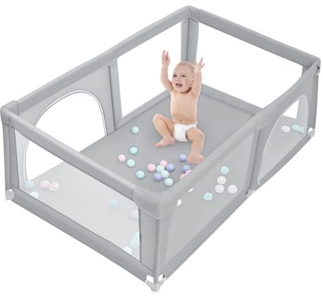 XANNI Laufgitter für Babys, mit 50 Bällen, mit 2 runden Reißverschlusstüren, großer Laufstall für Kinder für drinnen und draußen, 180 x 120 cm