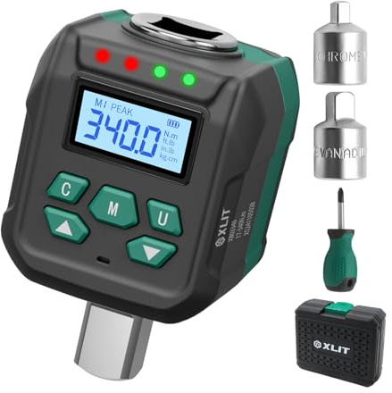 XLIT Digitaler Drehmoment-Adapter 1/2 Zoll 17-340 Nm ±2% Genauigkeit mit Summer und LED Warnung, inkl. 2 Reduzierungen (1/4 und 3/8), Für Auto Motorrad Fahrrad