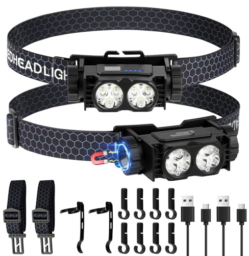 AXFEE Linterna Frontal LED Recargable USB C,Linterna Cabeza con 3 Modos de Iluminación,120° Ajustable Ángulo,Ligera y Impermeable,con Clip para Bolígrafo y Clip para Casco,para Correr,Ciclismo (2PCS)