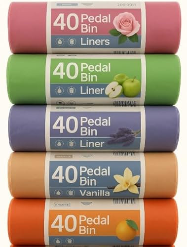 Blue Finch 200 Scented Pedal Bin Liners 15L capacity each with tie handles, strong liners for everyday use in home, office, kitchen and bathroom 5 colours & scents 5 rolls of 40 liners total 200 Bags