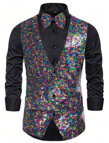 Gefomuofe Weste Herren Pailletten-Weste für Erwachsene V-Ausschnitt Ärmellose Blazer Karneval Kostüm für Hochzeit Party Glitzer Outfit
