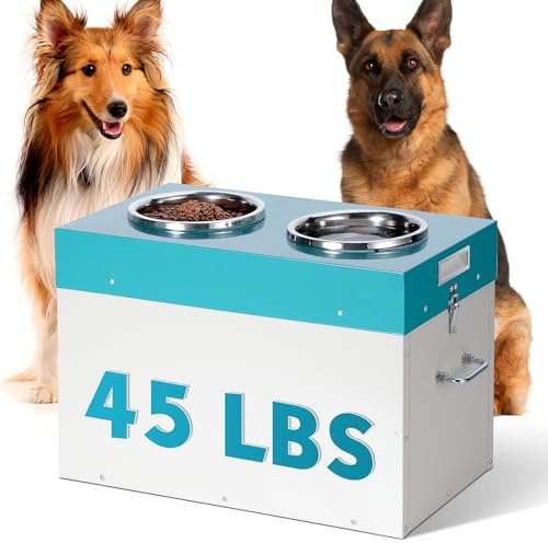 Svauoumu Automatic Feeder for Dogs, Raised Pet Feeding Station with 2 Stainless Steel Bowls, Large Raised Dog Peels with Storage Cabinet, Large Capacity, Feeding & Food Storage Container