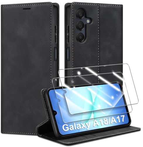 Guisessy für Samsung Galaxy A18/A17 5G Hülle mit 2 Schutzfolie, Schwarz | Premium Leder Handyhülle, Magnet, Kartenfach, Standfunktion, Klappbar Flip Wallet Schutzhülle