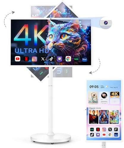 Bisprico Smart TV portatile UHD 4K da 32 pollici su ruote, CPU Qualcomm Snapdragon 710, batteria 8-10H integrata, 8+128GB, monitor touch screen Android 14 OS, fotocamera da 8 MP, rotazione completa