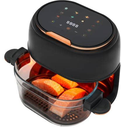 Freidora de aire caliente de 4 L con pantalla táctil y cesta de cristal visible, 1350 W, 220-240 V, 140-374 F, temporizador de 24 horas, freidora de aire caliente multifuncional para familia, patatas