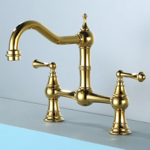 ZYCDP Mitigeur Evier Vintage 2 Trous Robinet Cuisine Bridge Rotative 360 Degrés en Laiton Or