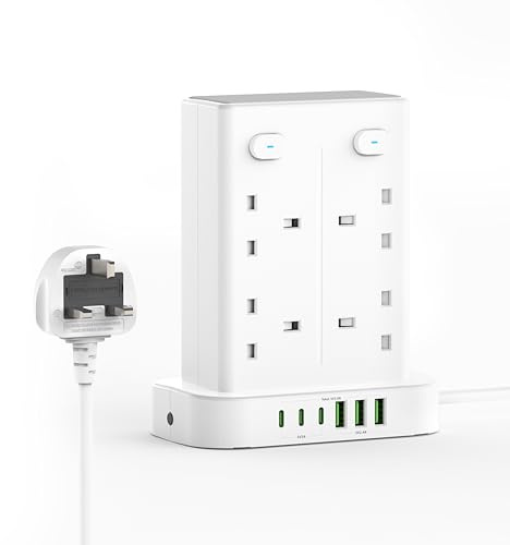 Tower Extension Lead with USB Slots, 8 Way Sockets(13A 3250W) Multi Plug Extension Tower with 3 USB C and 3 USB A, 4 Independent Switches, 1.8M Power Tower Extension Cable for Home Kitchen Office