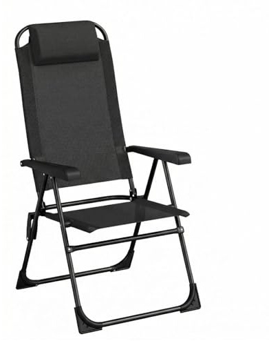 LIFERUN 1er Set Gartenstühle, Klappstühle, Campingstühle mit Kopfstütze, mit 5 verstellbaren Rückenlehnen, Balkonstühle Hochlehne, Outdoor-Stühle für Garten, Terrasse, Camping, Schwarz, 1 PCS