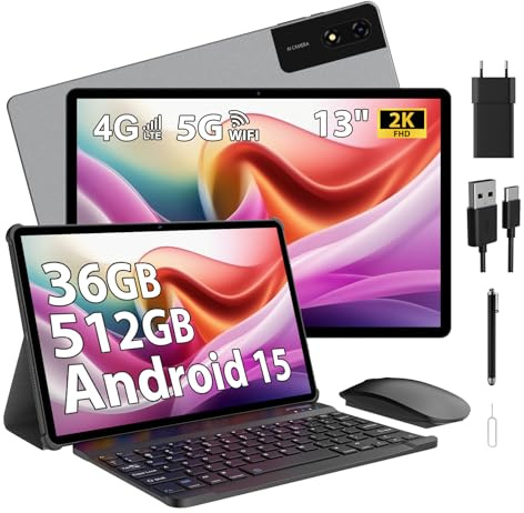 MIVASOLO Tablet 13 Pulgadas Android 15 Tableta con 4G LTE/5G WiFi,2960x1848 FHD+,36GB RAM+512GB ROM+1TB,11580mAh,13MP+8MP,Bluetooth 5.0, GPS, Pantalla Dividida, Face ID,Tableta con Teclado,Gris
