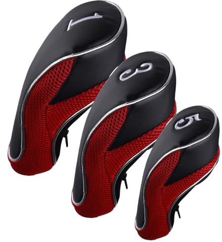 Andux Golf 460cc Driver Fairway Wood Club Head Covers with Zipper Closure Set of 3 Red