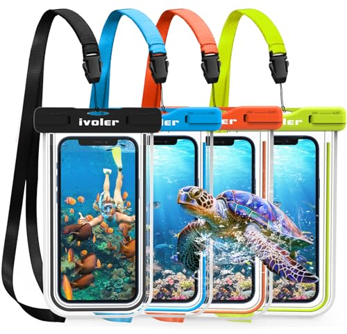 ivoler wasserdichte Handyhülle Tasche 4 Stücke, Handytasche Wasserdicht, Handy Wasserfest Hülle, Universal Staubdichte Schutzhülle für iPhone, Samsung, usw zu 6.8 Zoll. (Schwarz+Blau+Grüne+Orange)