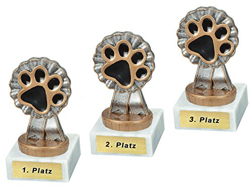 RaRu 3 Hunde-Pokale (Pfote) mit Wunschgravur und Resin-Klebefigur