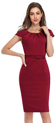 KOJOOIN Damen Etuikleid Business Bodycon Knielang Kleider Kurzarm festliches Cocktail Bleistiftkleid mit Gürtel Bordeaux Weinrot S