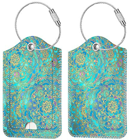 [2 Stück] Fintie Kofferanhänger mit Adressschild, Kunstleder Gepäckanhänger ID Etikett mit Edelstahl Drahtseil und Namenschild für Reisetasche Koffer, Jade